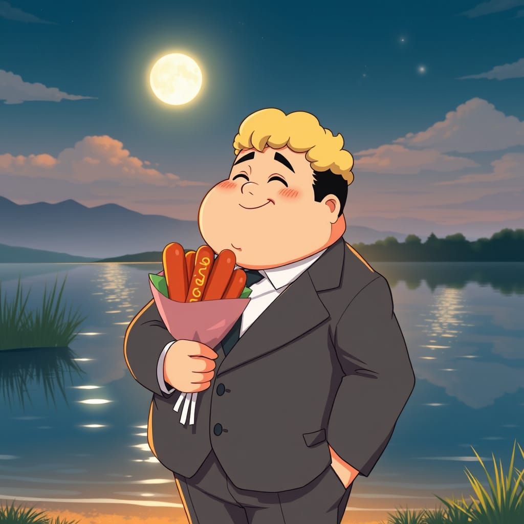 Hopeful Man with Hotdogs in Anime Style