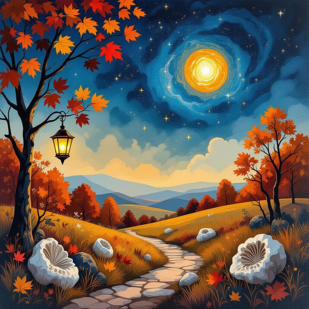 Autumn Landscape Under Galactic Sky, Digital Painting