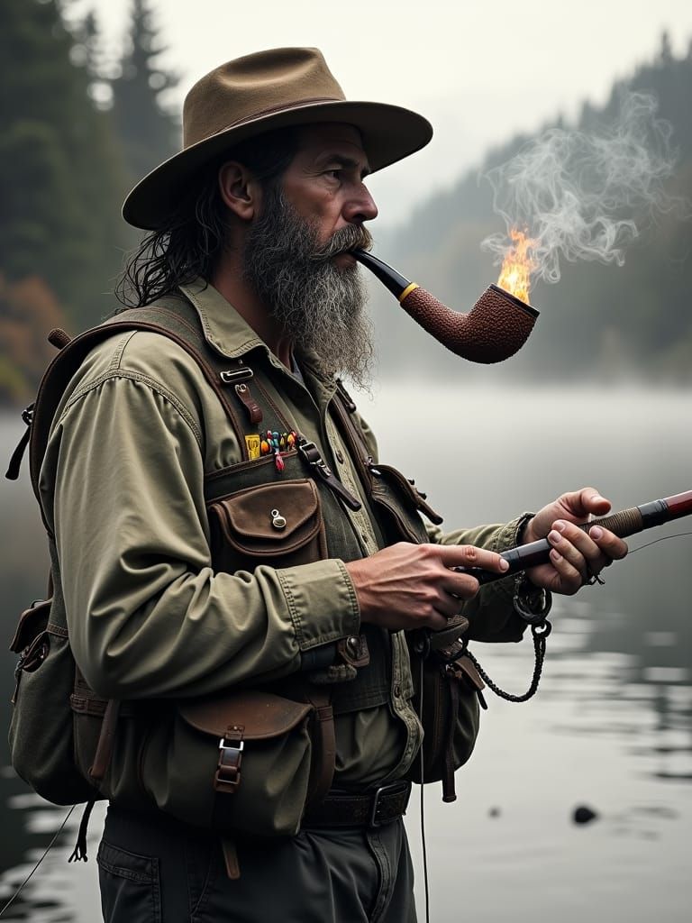 Fly-Fisherman with Pipe in Mountain Stream