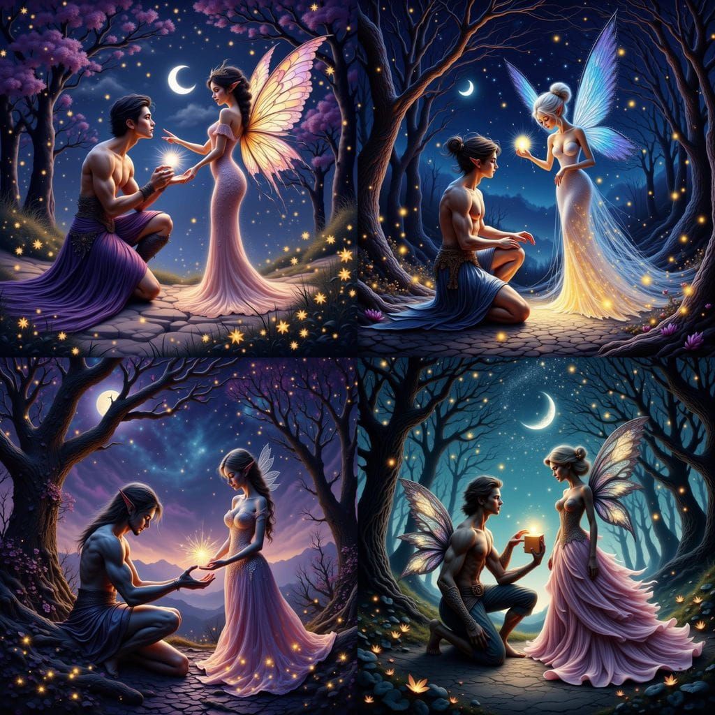 Elf Warrior Presents Starlight Gift to Fairy Queen