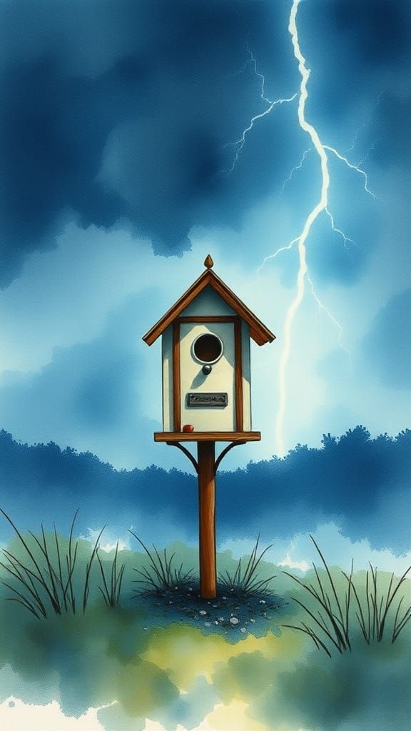 Modern Birdhouse in Watercolor Style Landscape