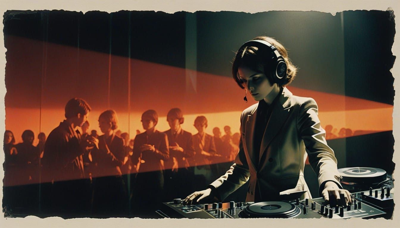 Surreal Disco Scene in Dark Shadows with Geometric Overlay