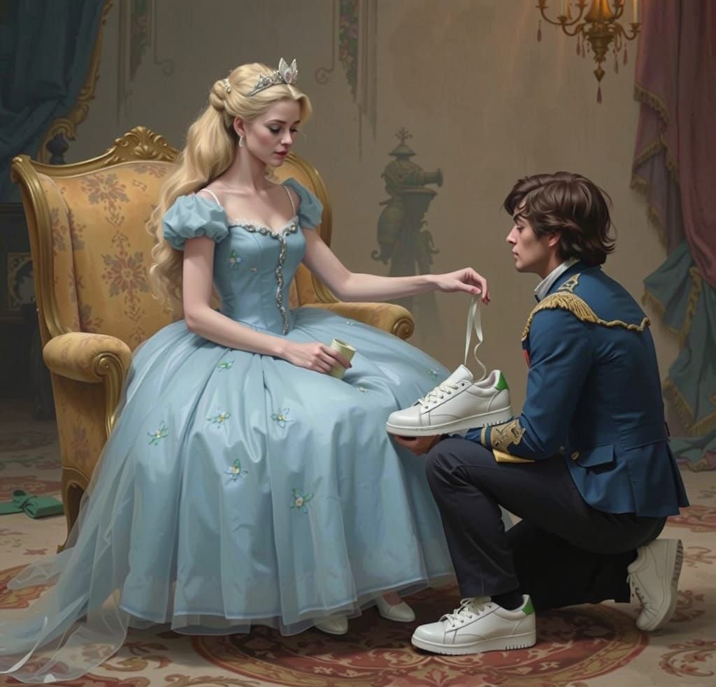 A Young Woman in Cinderella's Ballgown Offers Her Foot to a...