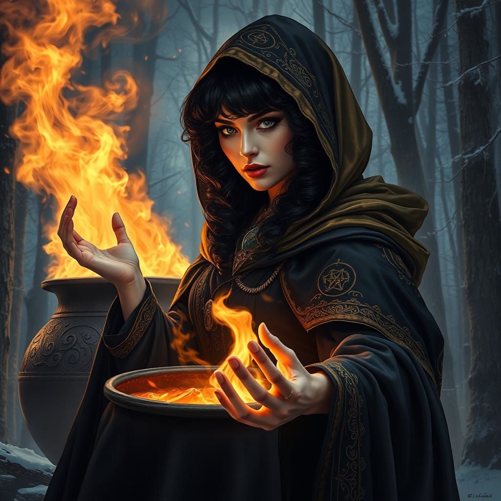 Enchanting Sorceress in Dark Fantasy Scene