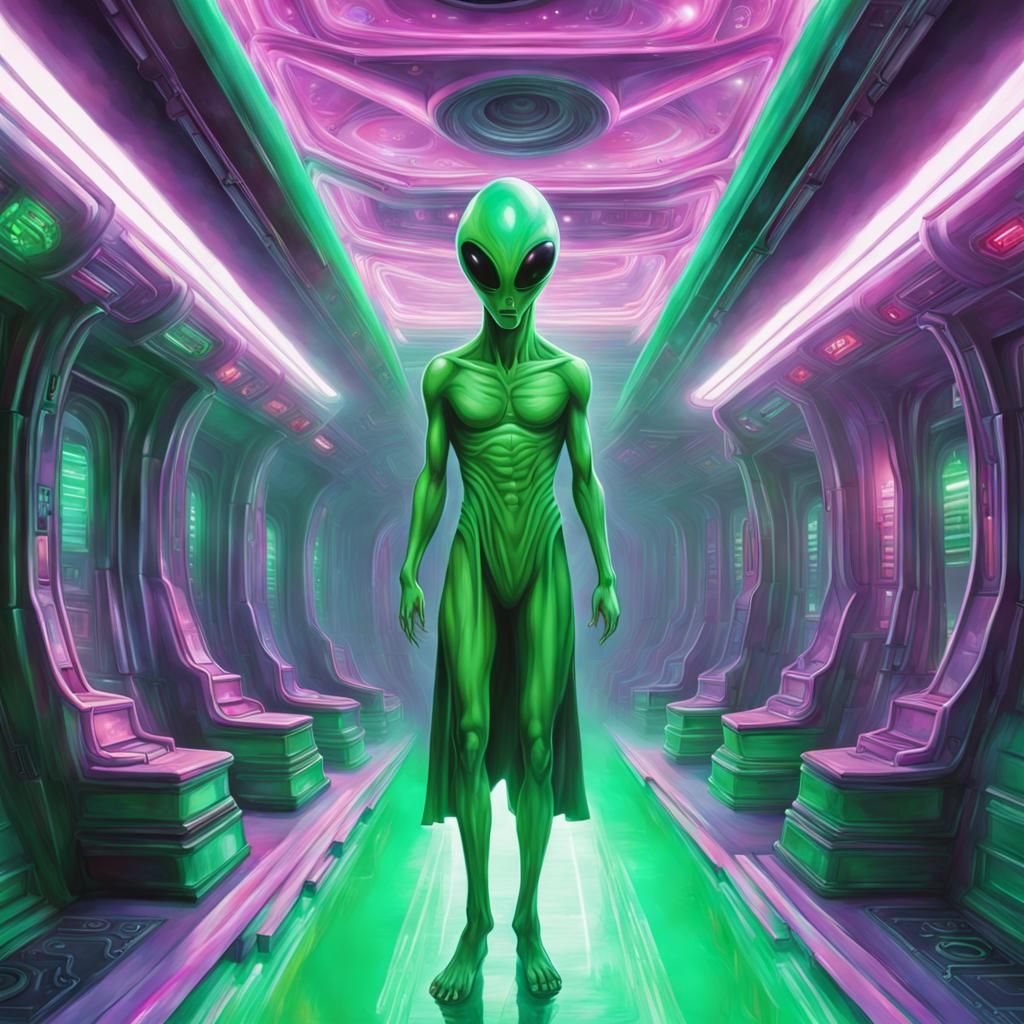 Hyperrealistic Alien Arrival in Retrofuturistic Spaceship