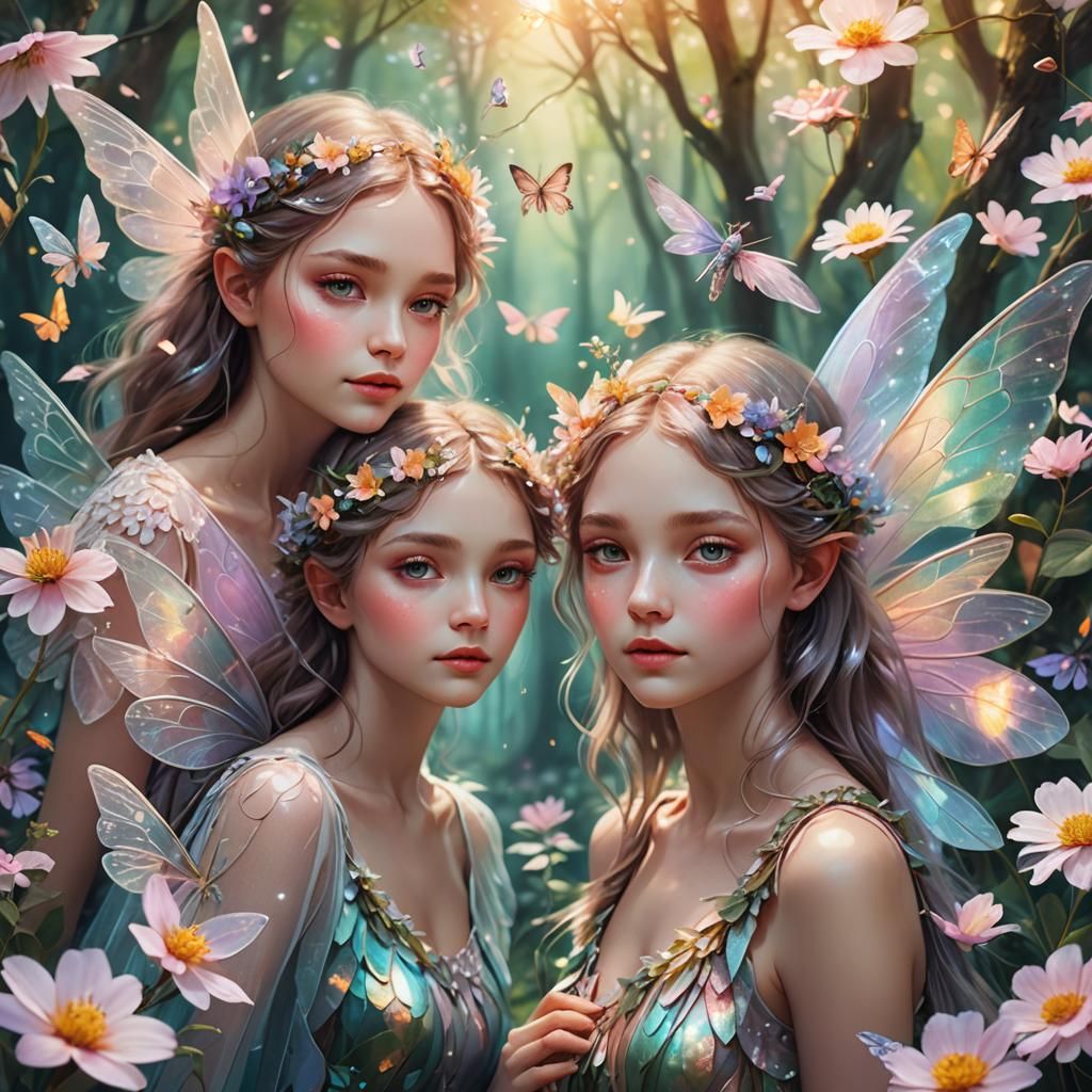 Ethereal Fairies Portrait in Forest, Fantasy Illustration