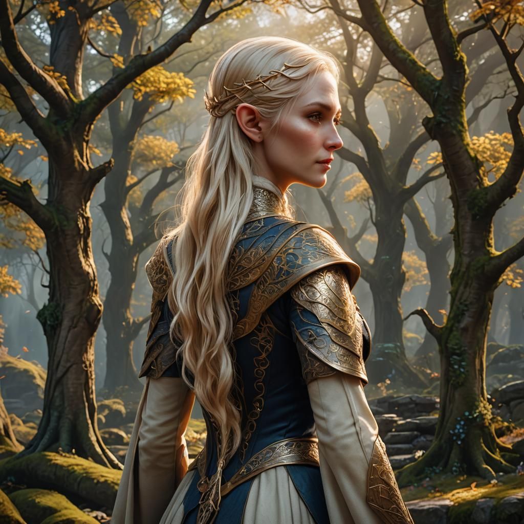 Blonde Elf Girl Back View in Detailed Matte Painting