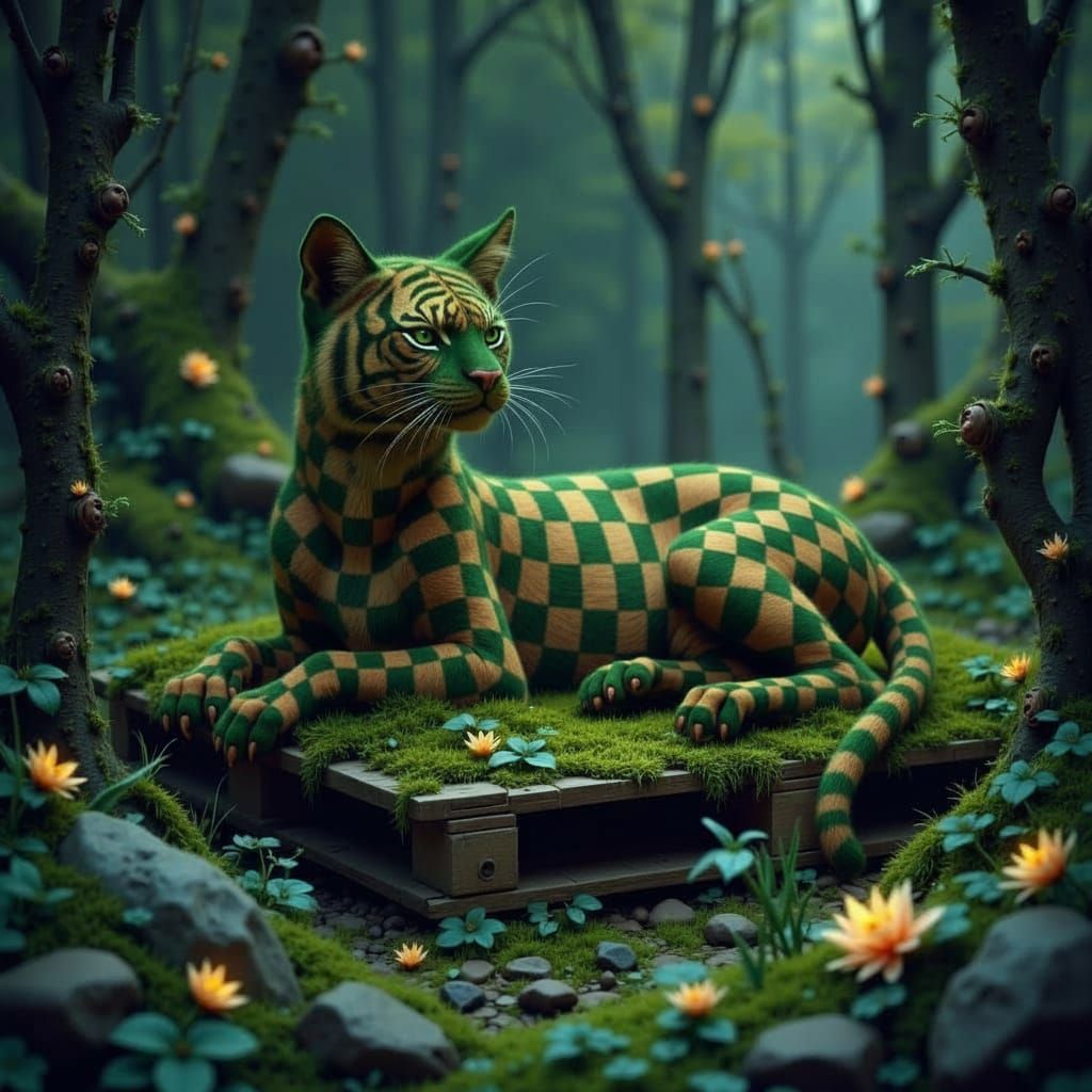 Mythical Checkered Cat Rests in Magical Grassy Space