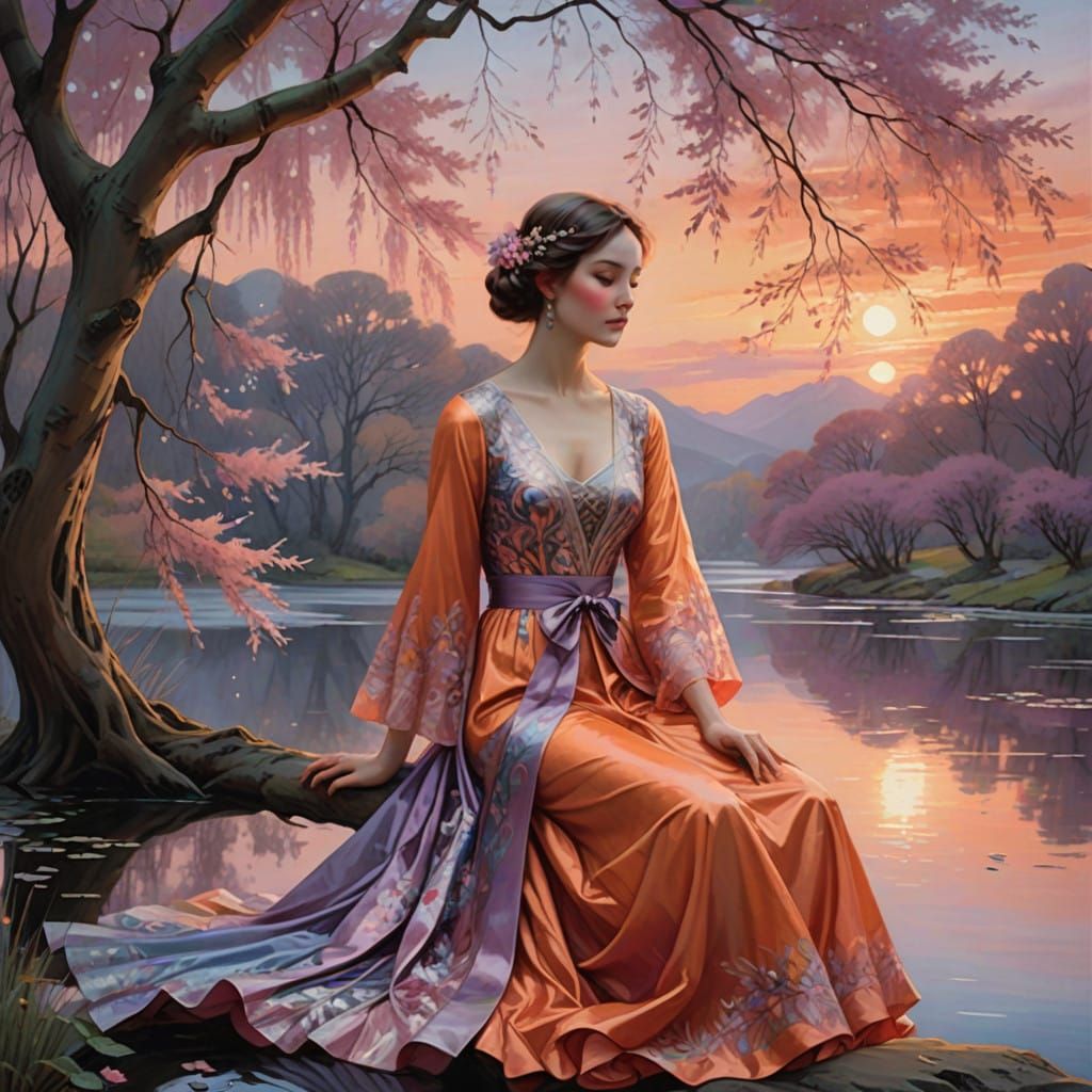Ethereal Lady in Vibrant Orange Evening Gown Under Majestic....