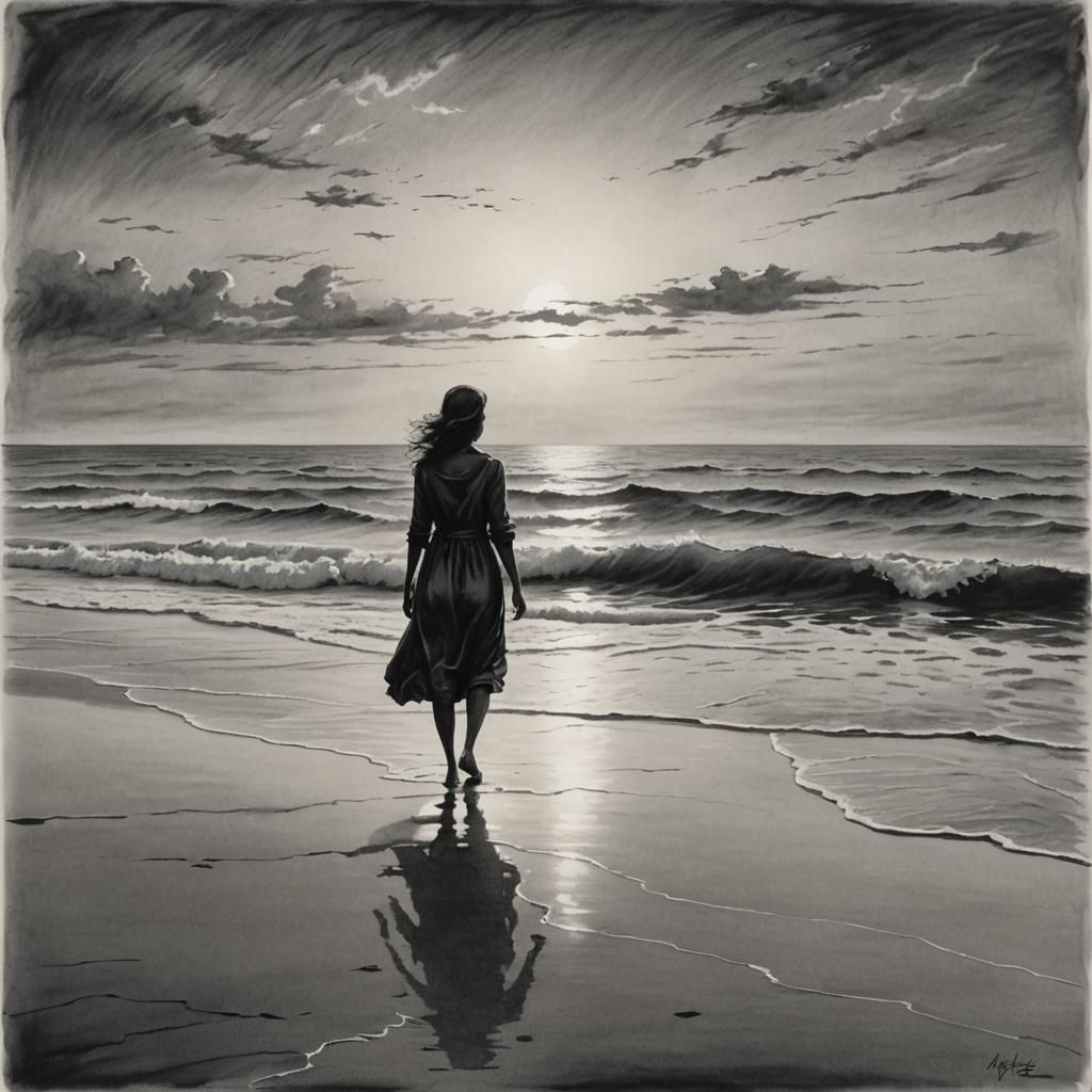 Silhouette of Woman Walking into Sea: Charcoal Drawing