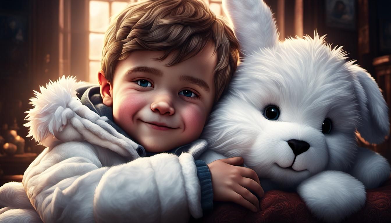 Happy Child Snuggles Furry Bunny in Matte Painting