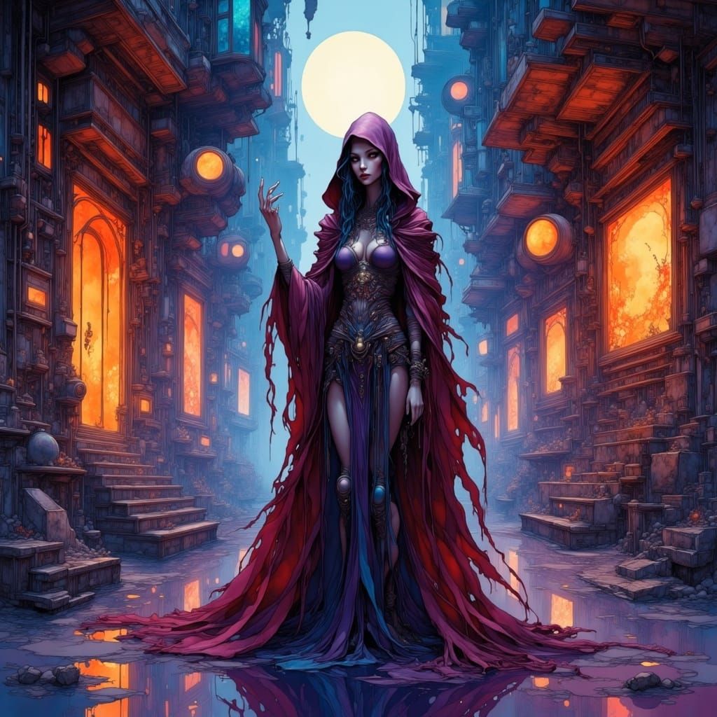 Mysterious Siren in a Haunting Alleyway Watercolor Art