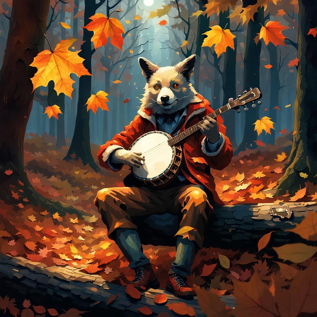 Anthropomorphic Autumn Leaves Serenade Under Harvest Moon