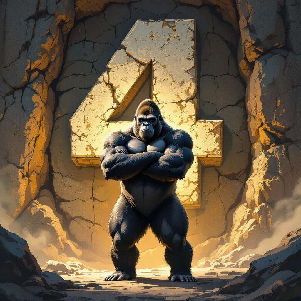 Silverback Gorilla with Giant Number Four in Epic Fantasy St...