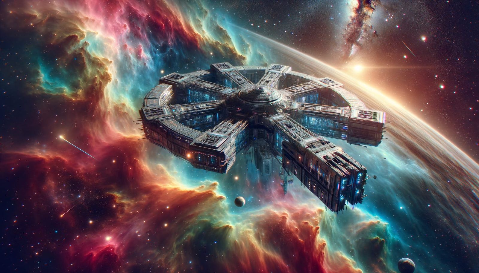 Sleek Futuristic Spacecraft Floating in a Rainbow Nebula