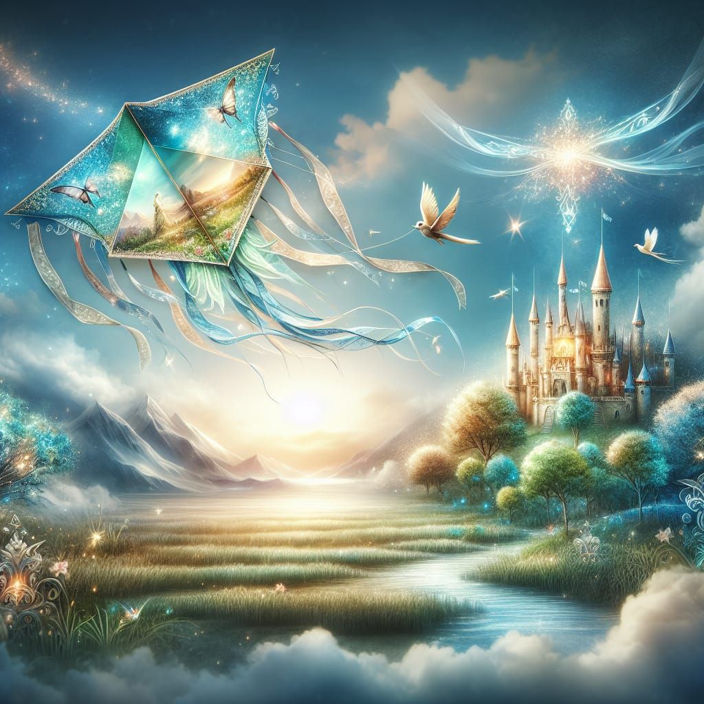 Magical Paper Kite Ascends to Sky with Landscape
