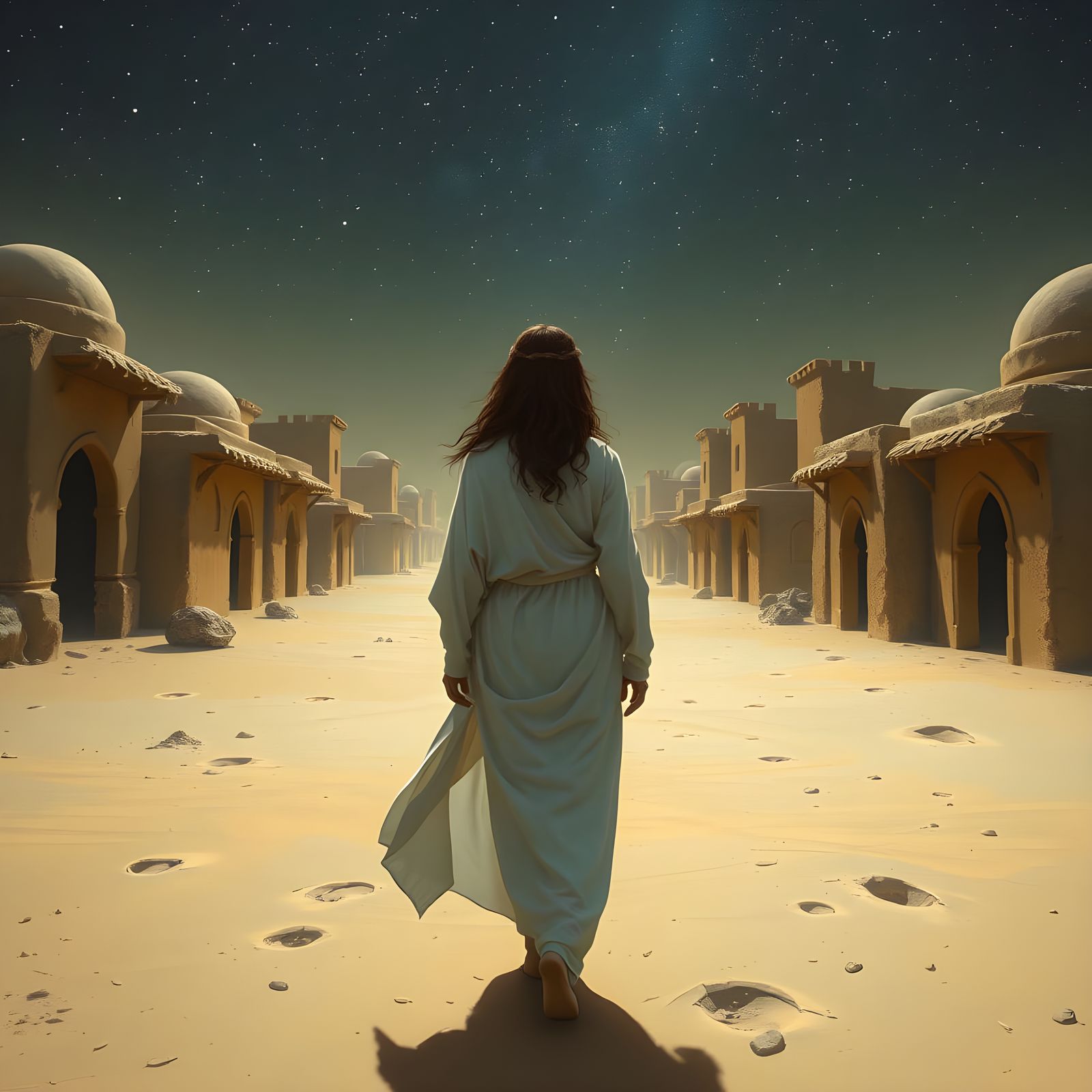 Serene Desert Village Under Starry Sky