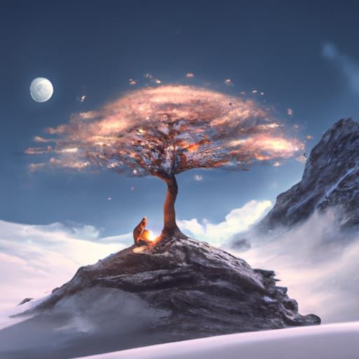 Traveler by Fire on Moonlit Mountain: Matte Photography