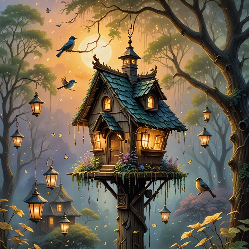Ethereal Birdhouse on Barber Pole: Fantasy Oil Painting