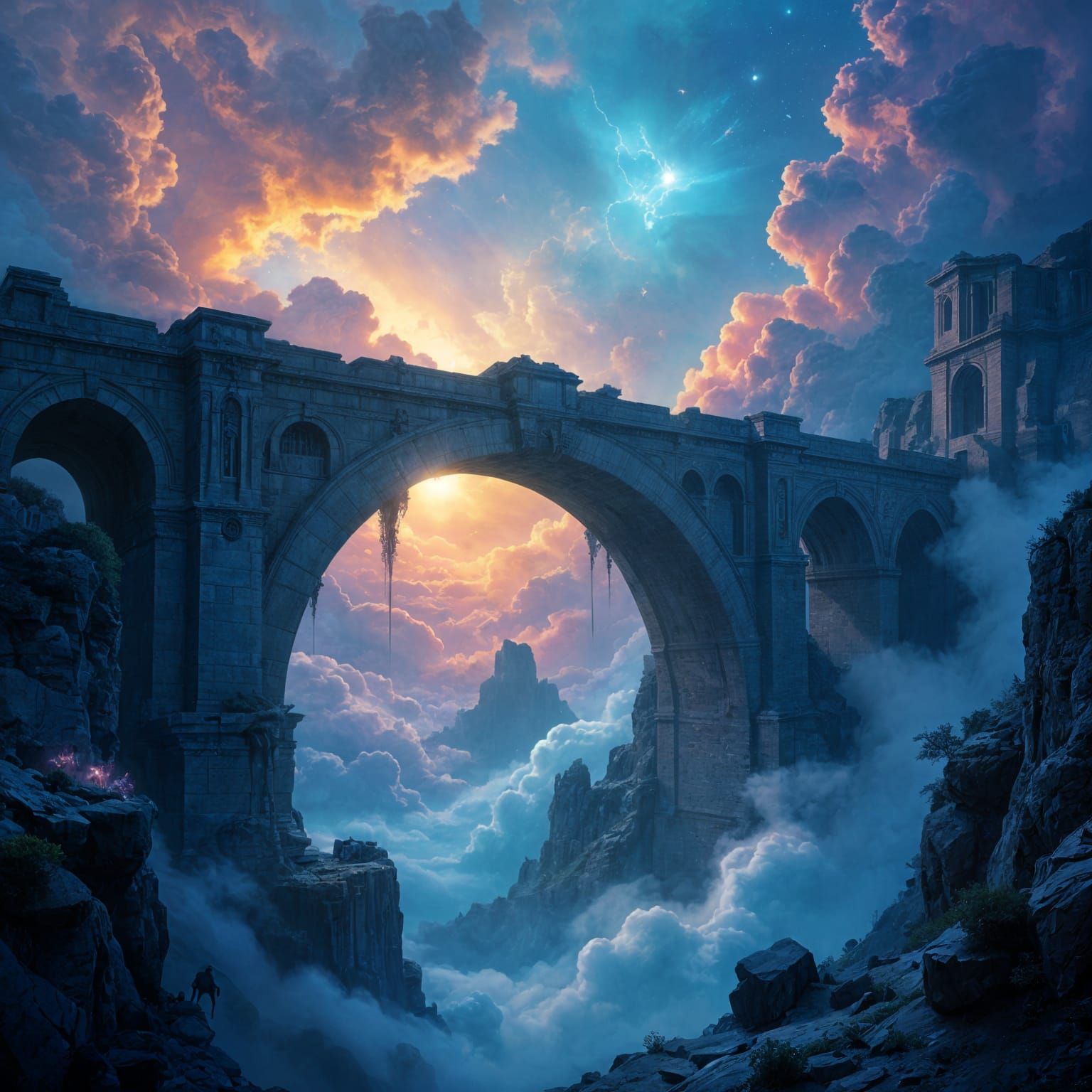 Ancient Cosmic Bridge Over Nebula with Ruins