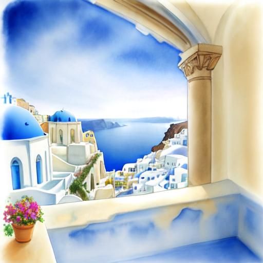 Ethereal Santorini in Hyperrealistic Watercolour