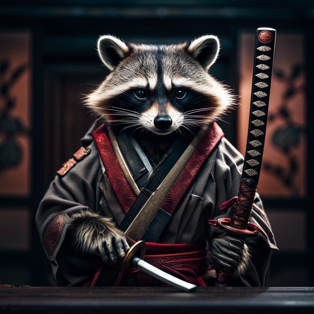 Raccoon Samurai Portrait in Hyperrealistic Style