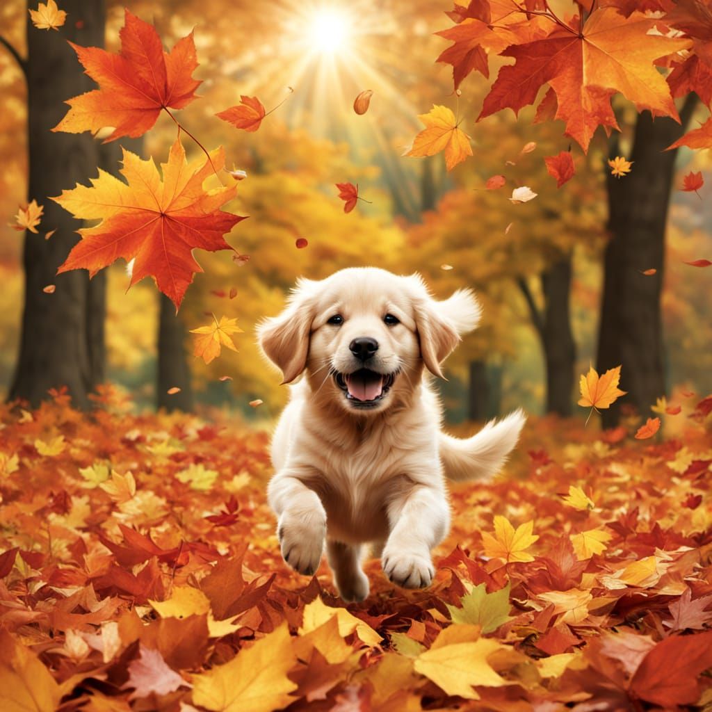 Golden Retriever Joyfully Leaps Through Autumn Leaves
