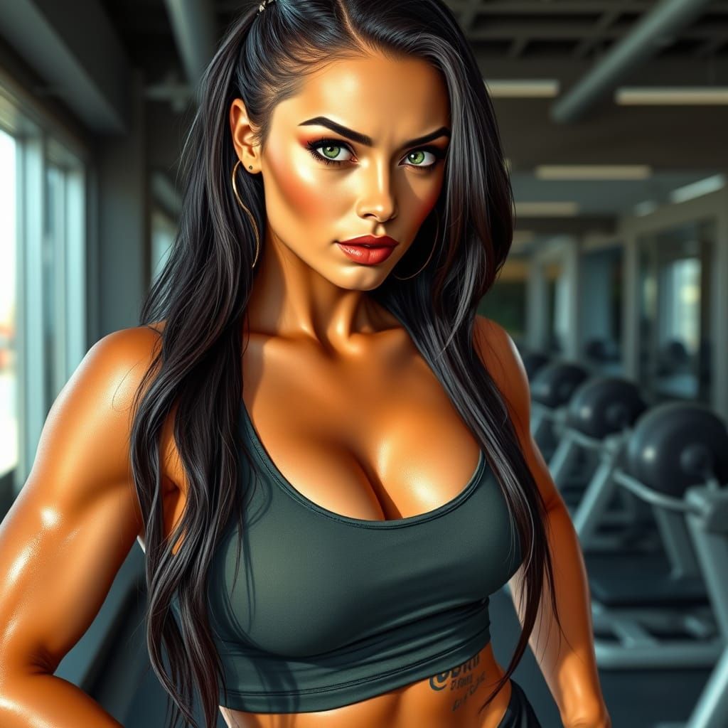 Sultry Fitness Pin-Up Girl in Modern Gym