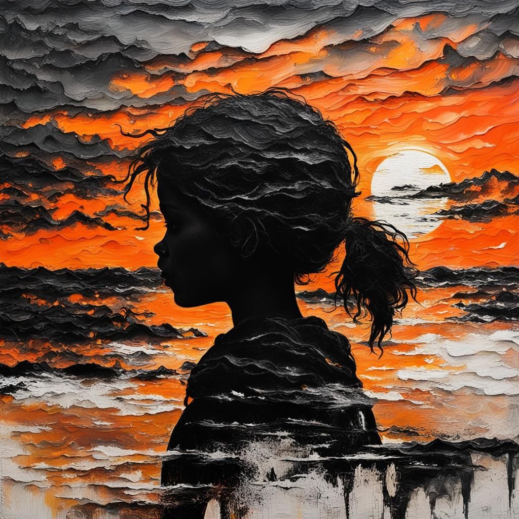 Girl Silhouetted at Sunset in Impasto Style