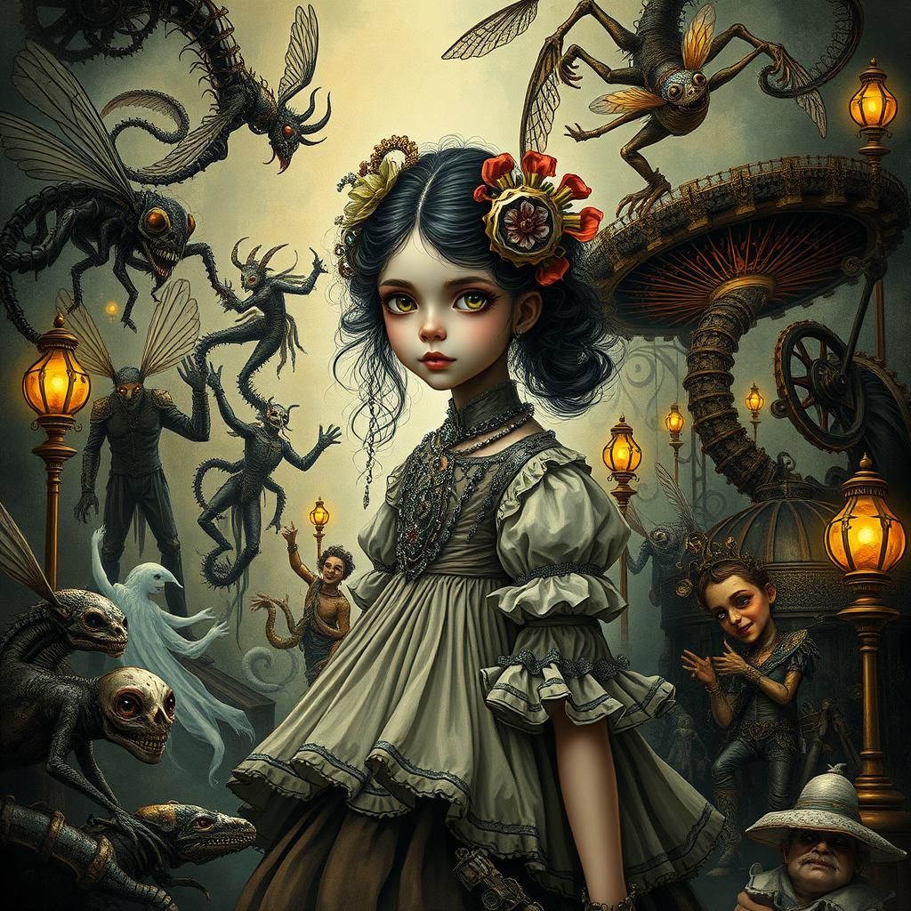 Victorian Girl and Burtonesque Creatures in Art Nouveau Drea...