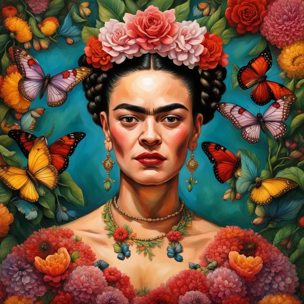 Sensual Frida Kahlo with Butterflies, Hyperrealistic Art