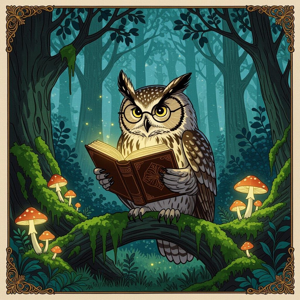 Wise Owl Reads Ancient Tome in Enchanted Forest