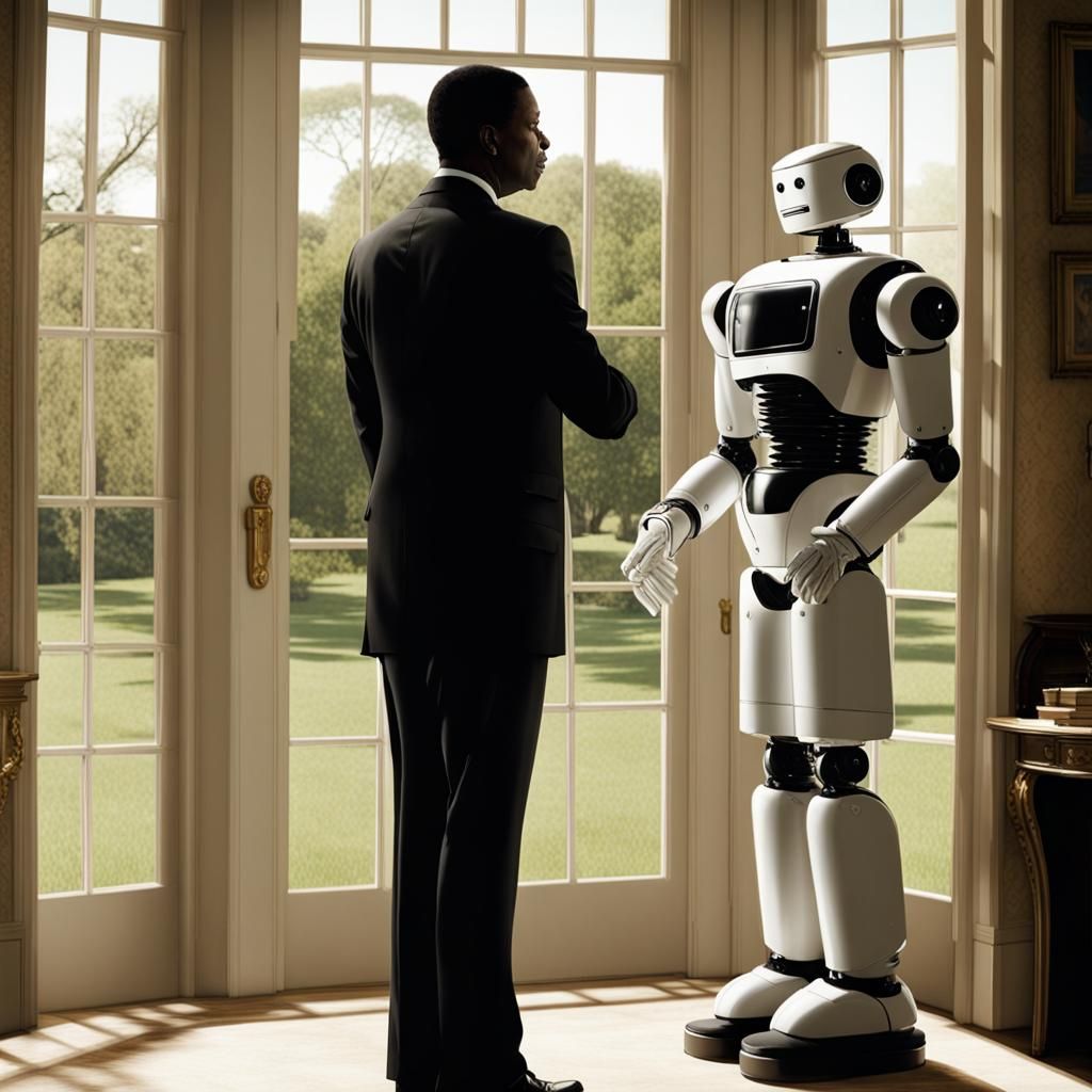 Robot Butler in Tuxedo Gazing out Window