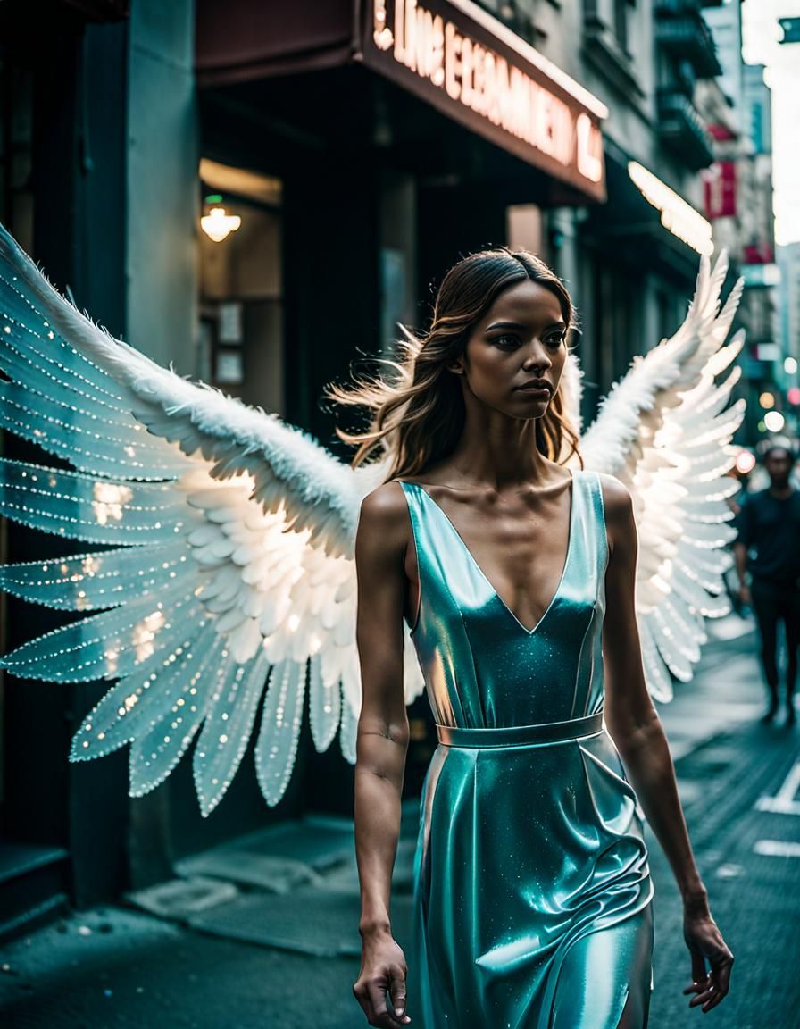 Incognito Angel Walks City Streets: Cinematic Film Still