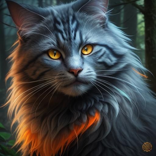 Mystical Fluffy Cat in Fantasy Forest Art
