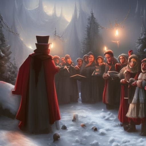 Dark Christmas Carollers in Detailed Matte Painting