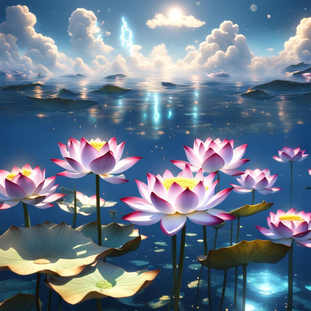Lotus Flowers Floating in Mythical Ocean with Lightning
