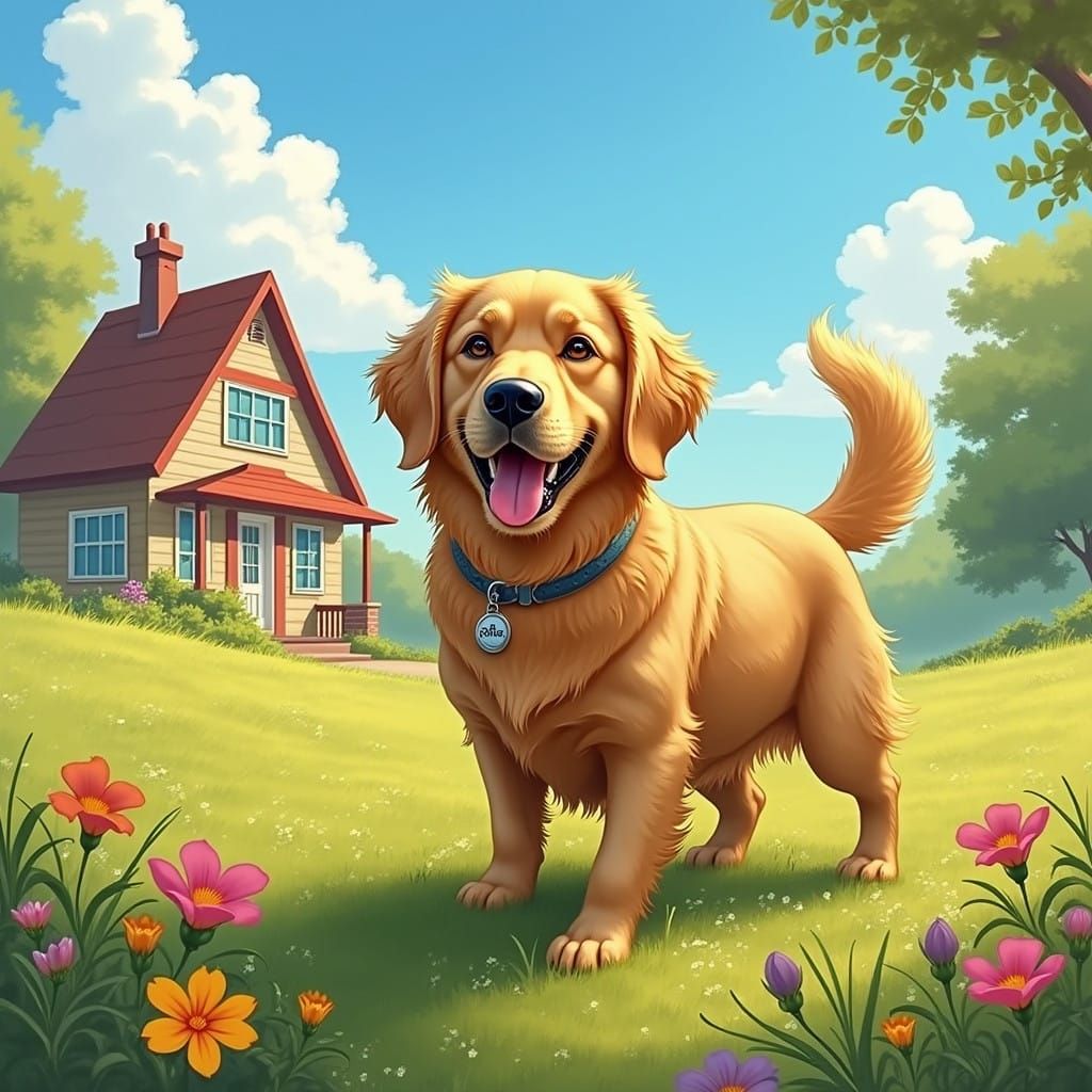 Golden Retriever Enthusiastically Wagging Tail in a Sunny Su...