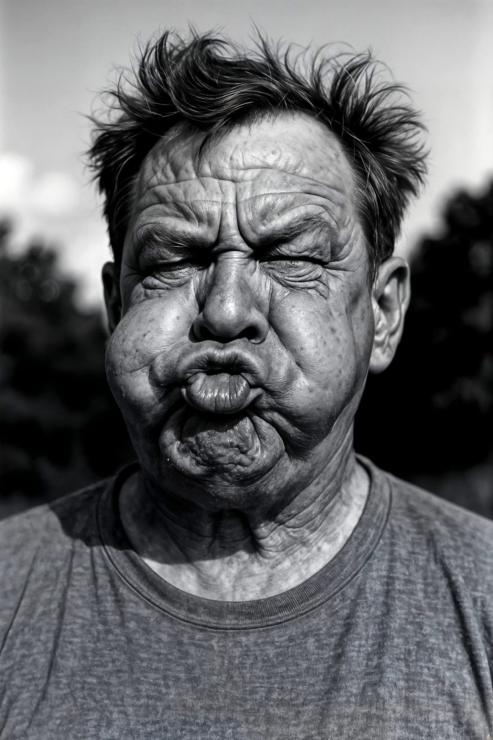 Comedic Portrait of Man with Puffed Cheeks