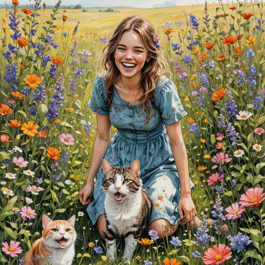 Girl and Cat in Wildflowers: Cartoon Pen and Ink Art