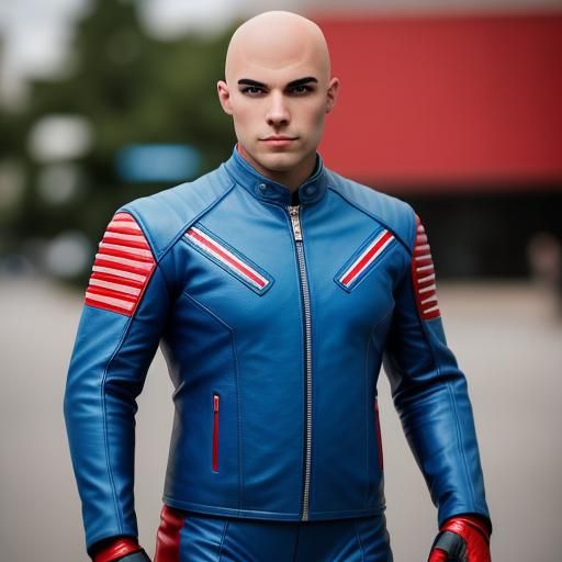 Biker in Red and Blue Leather Suit