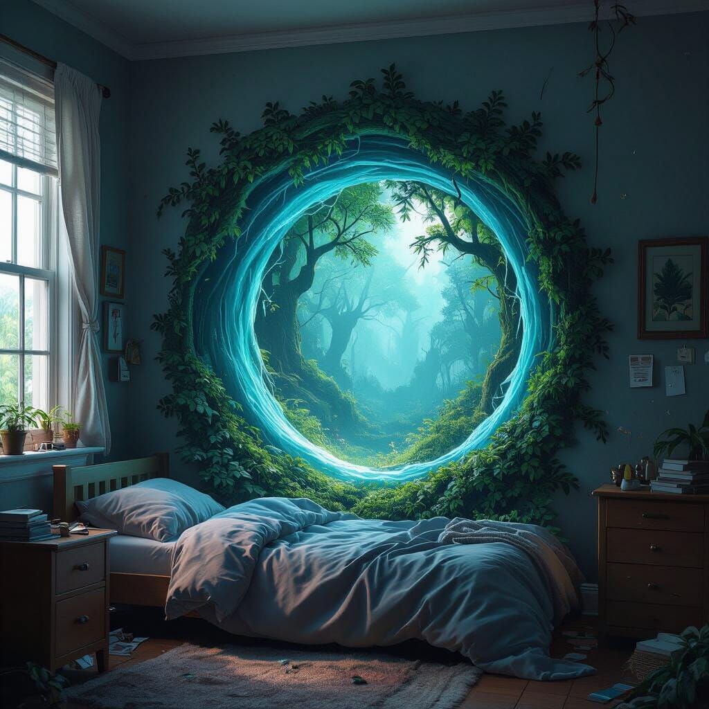 Ethereal Portal to Mythical Forest in Messy Bedroom