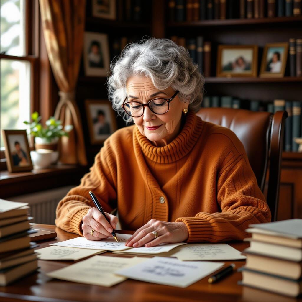 Hyper-Realistic Old Woman Writing Letters in Cozy Study