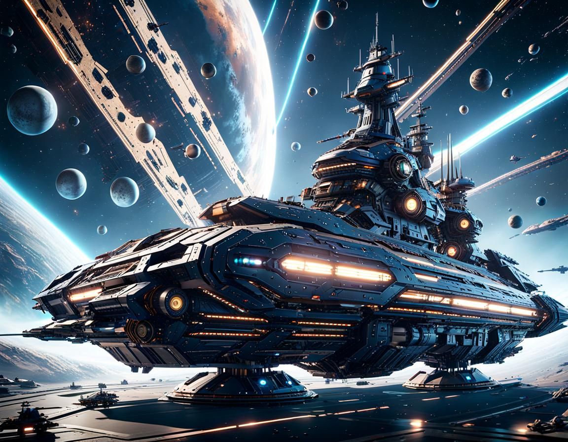 Epic Space Battleship Chase in Futuristic Starfield