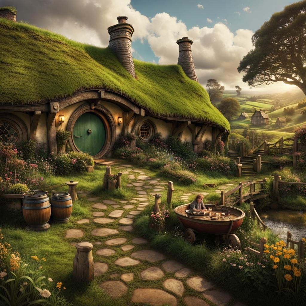 Bustling Hobbiton Life: Digital Matte Painting