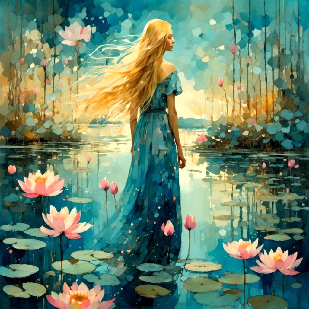 Blonde Fairy with Golden Wings at Lotus Pond