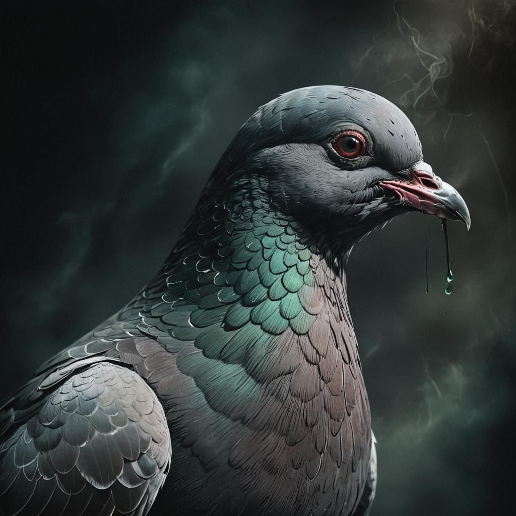 Eerie Dark Fantasy Pigeon Portrait with Poison Mouth