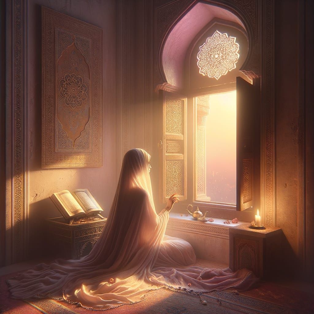 Serene Dawn Scene: Woman at Window in Golden Light