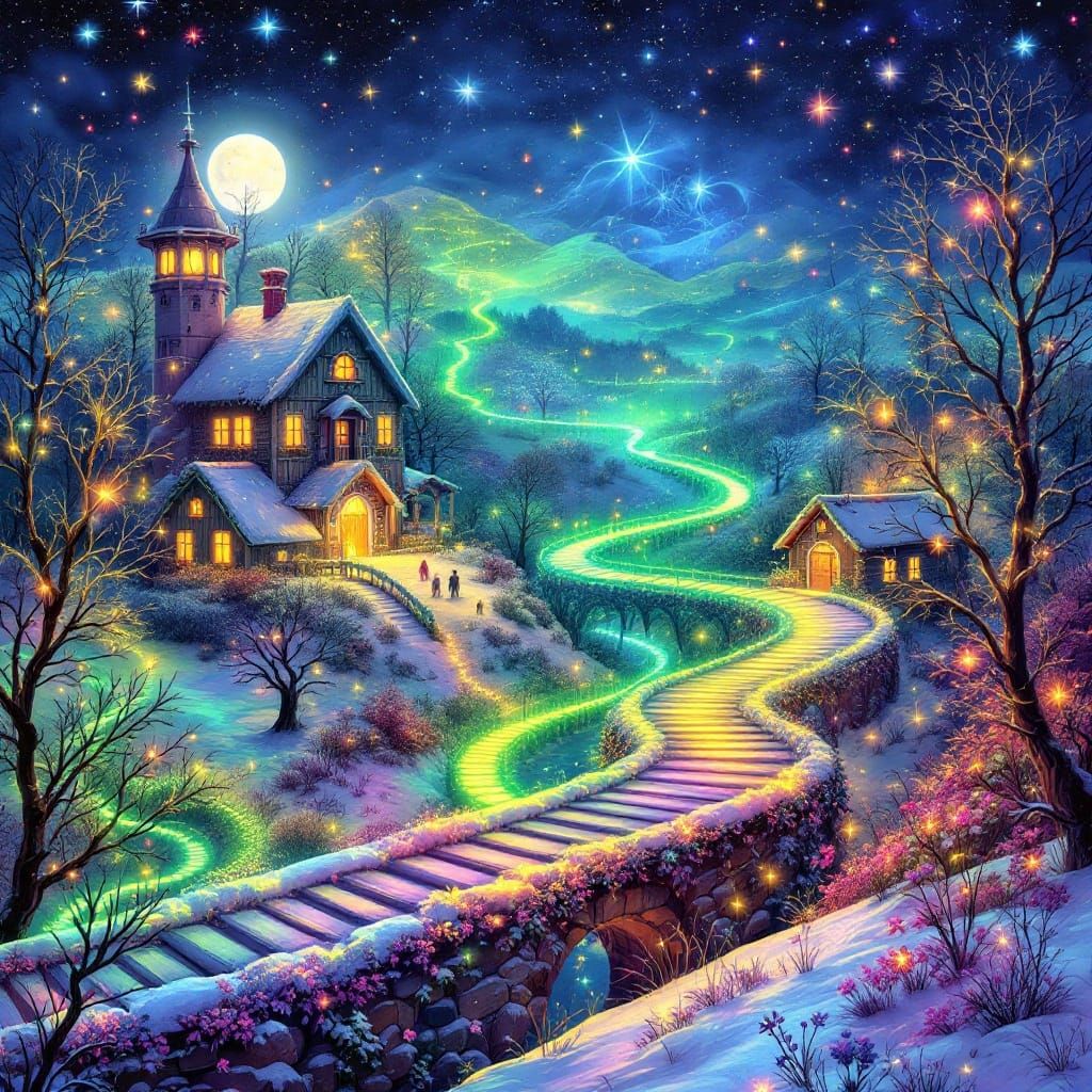 Mystical Winter Farm with Fiber Optic Light Bridges