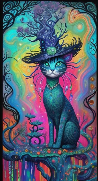Surreal Opal Cat Wearing a Tree Hat